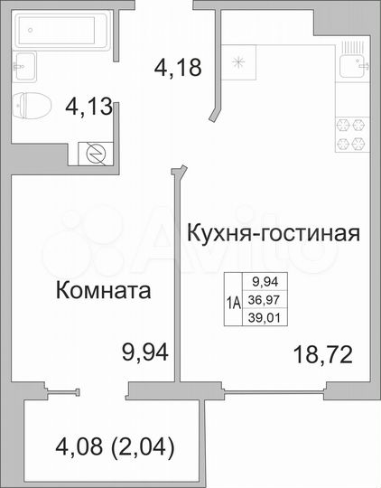 1-к. квартира, 39 м², 6/9 эт.