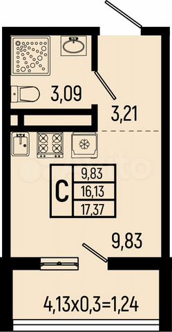 Квартира-студия, 17,4 м², 2/9 эт.