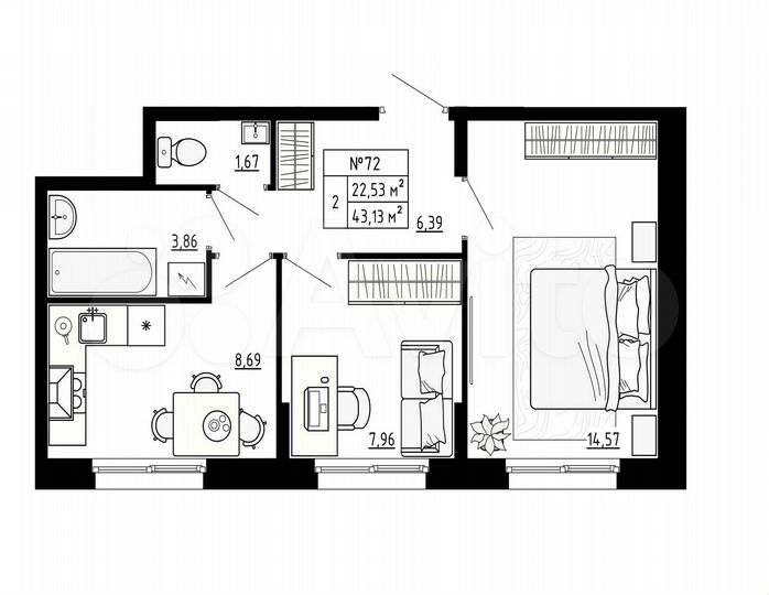 2-к. квартира, 43,1 м², 1/4 эт.
