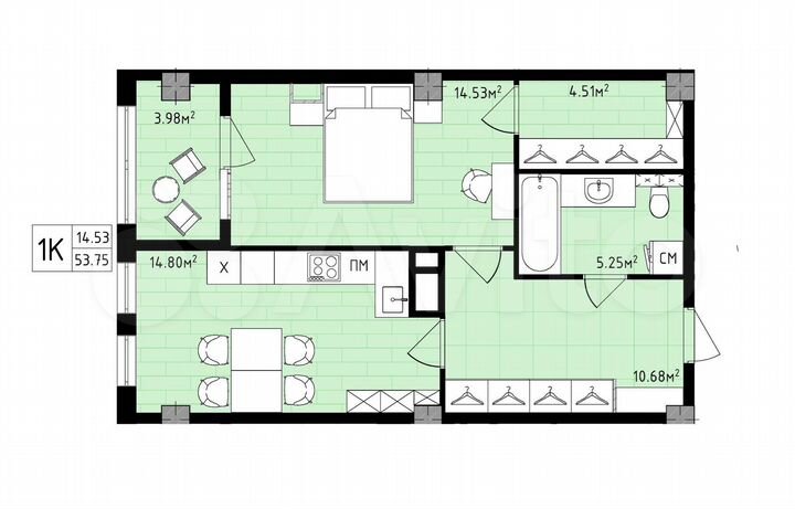 1-к. квартира, 53,8 м², 12/16 эт.