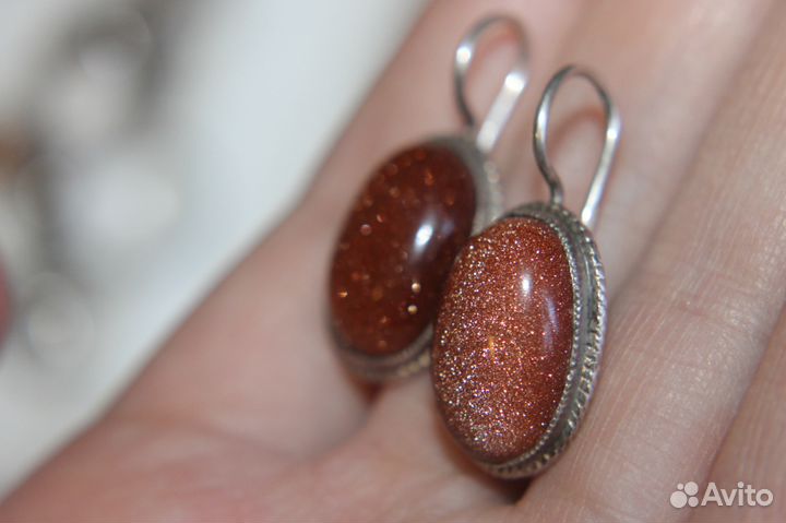 Серьги серебро 875 пробы СССР винтаж авантюрин