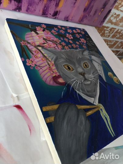 Картина маслом на холсте кот самурай