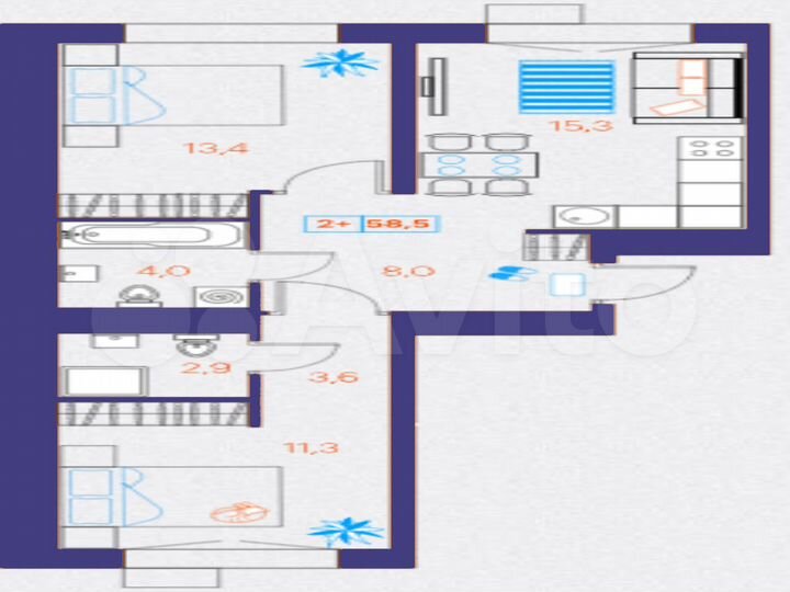 2-к. квартира, 58,5 м², 6/21 эт.