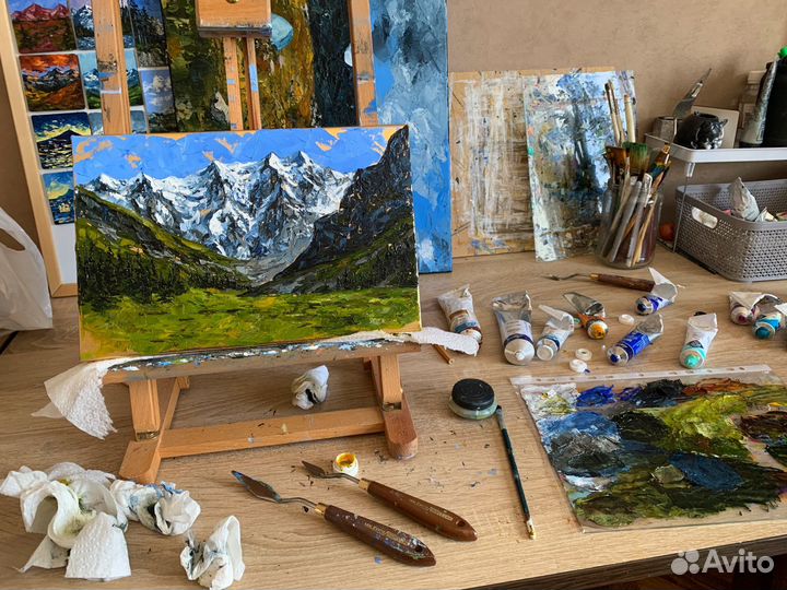 Картина горы Кавказа 20*30 см Домбай Эльбрус