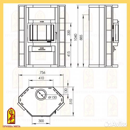 Печь камин Печора пристенно угловой (до 90 м2)