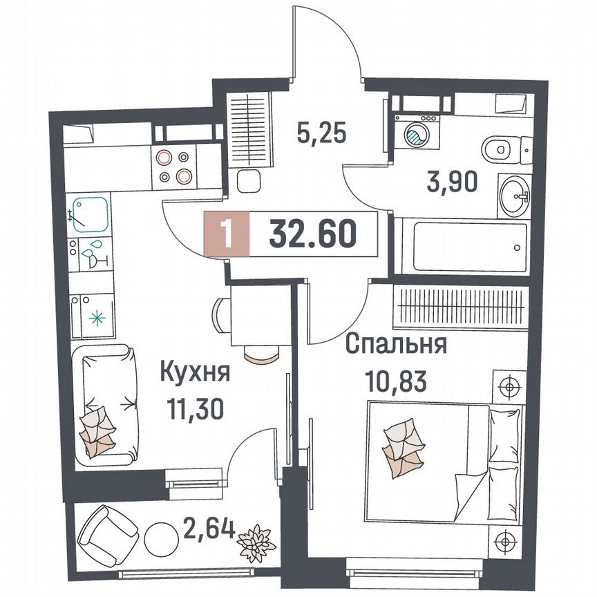 1-к. квартира, 32,6 м², 8/18 эт.