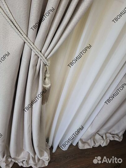 Шторы блэкаут под лен кремовые на ленте