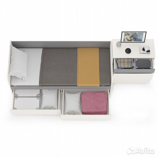 Молодёжная кровать с ящиками Торонто 11.39 с комодом, цвет белый шагрень/стальной серый, шхгхв 274х8