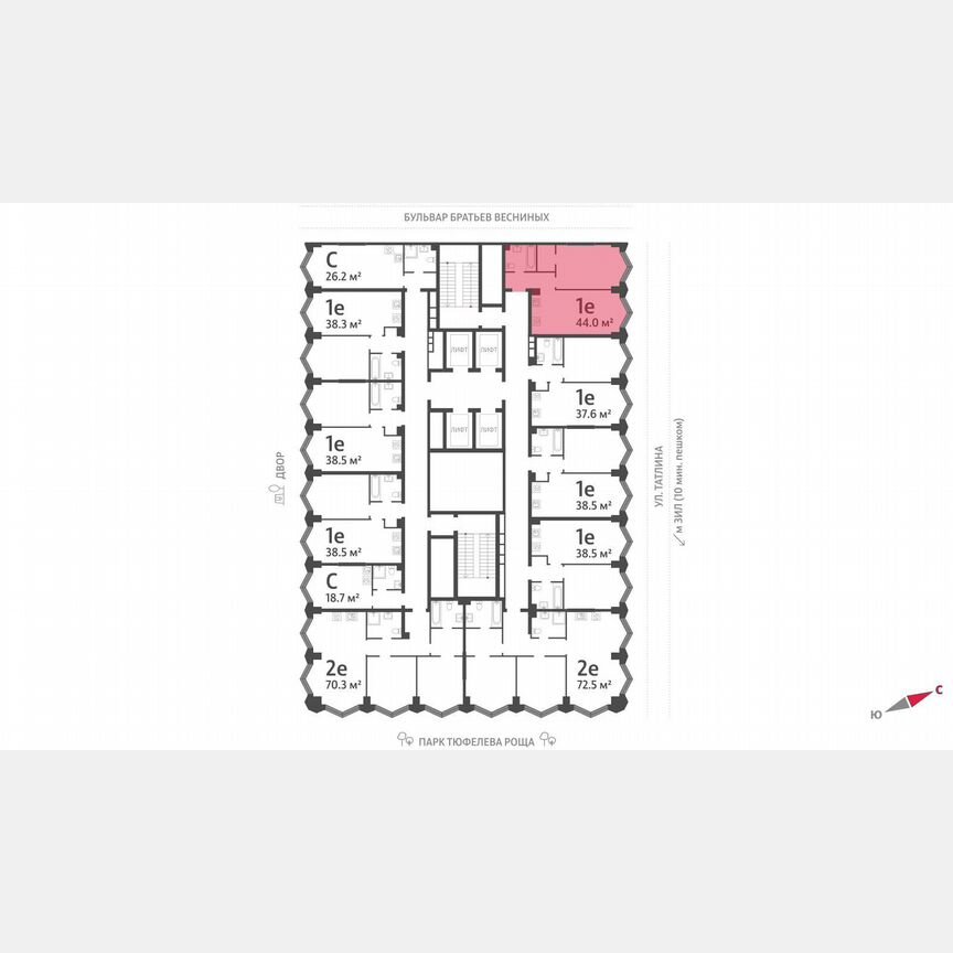1-к. квартира, 44 м², 8/43 эт.