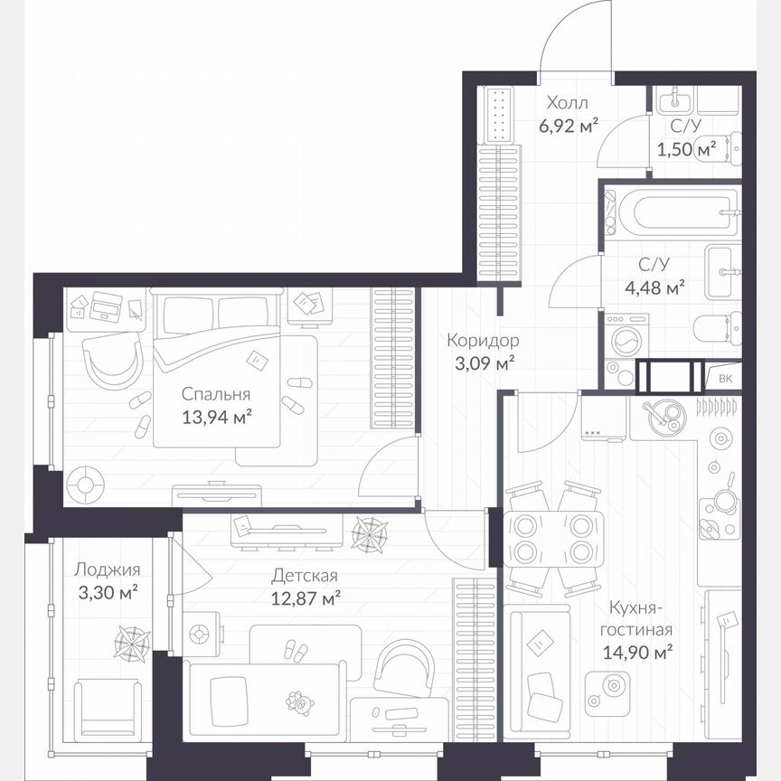 2-к. квартира, 59,4 м², 9/11 эт.