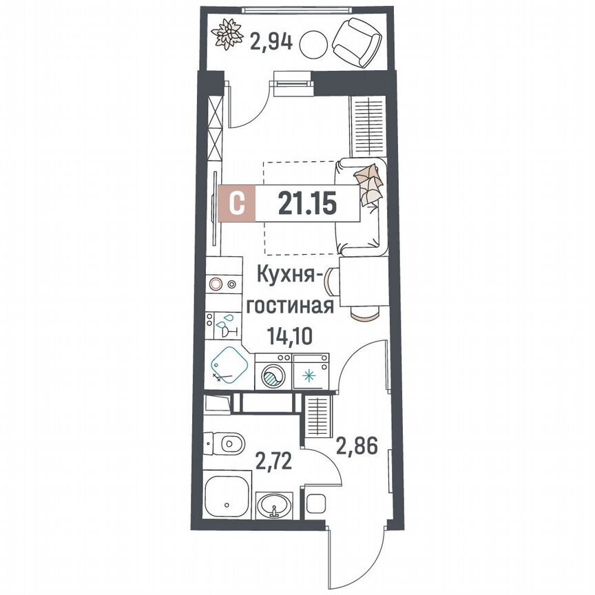 Квартира-студия, 21,2 м², 12/18 эт.