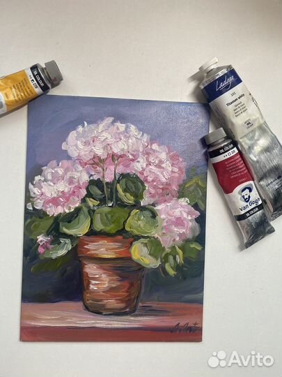 Картина маслом герань цветы натюрморт