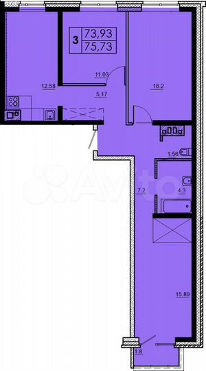 3-к. квартира, 75,7 м², 4/16 эт.