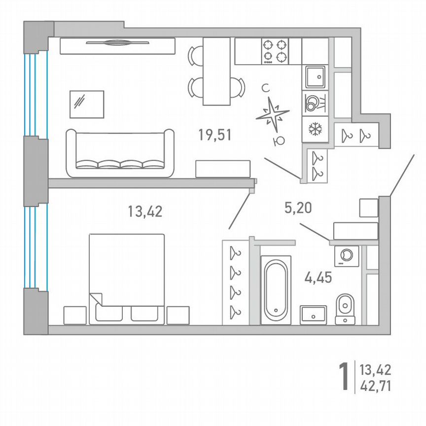 1-к. квартира, 42,7 м², 6/10 эт.