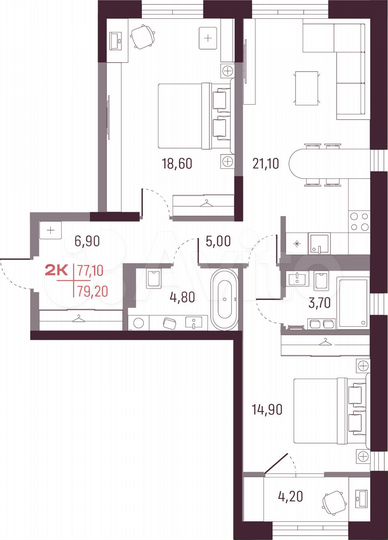 2-к. квартира, 77,1 м², 9/25 эт.