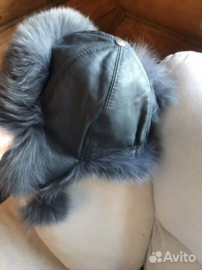 Шапка серая зимняя натуральные кожа мех