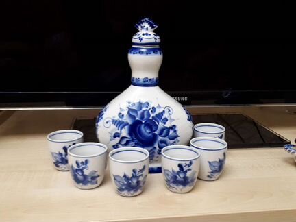 Гжель винный набор, шкатулка, салфеточница