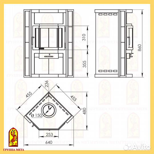 Печь камин угловой Нева (до 60 м2)
