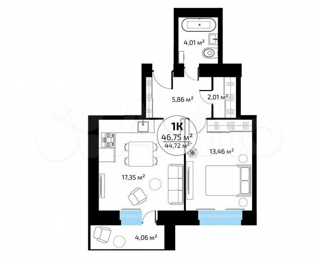 1-к. квартира, 44,7 м², 10/16 эт.