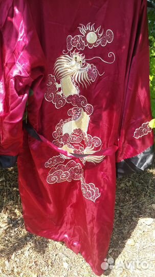 Халат-кимоно, атласный, китайский двухсторонний