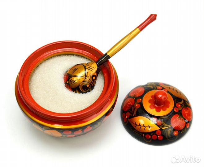 Сахарница расписная с ложкой D12,5 H12. Ваза для в