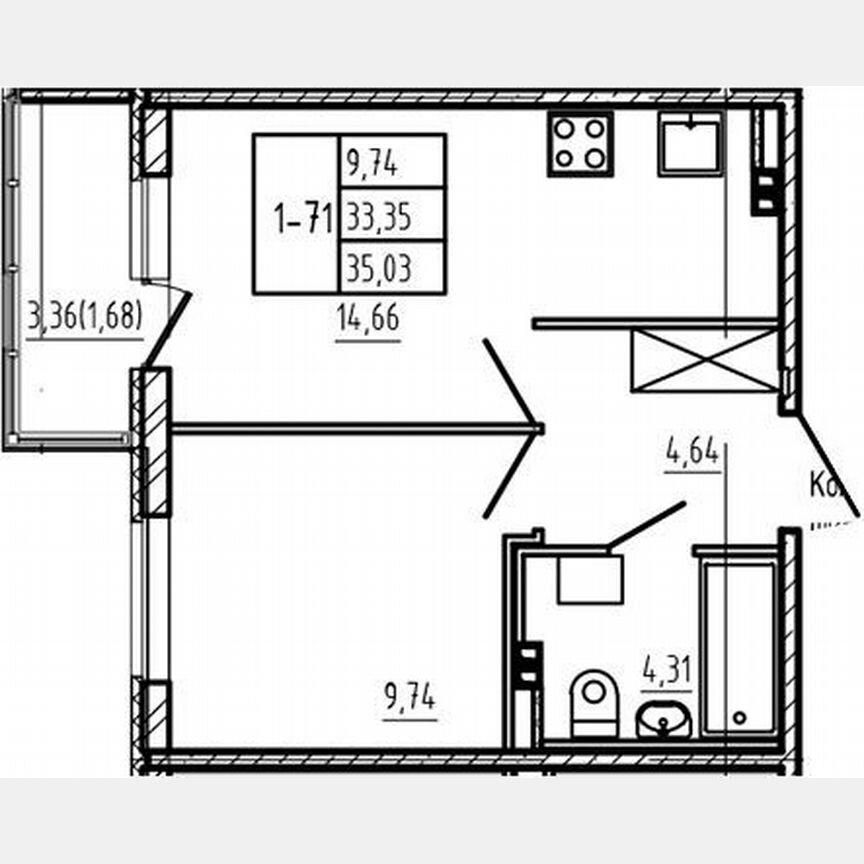 1-к. квартира, 33,1 м², 3/4 эт.