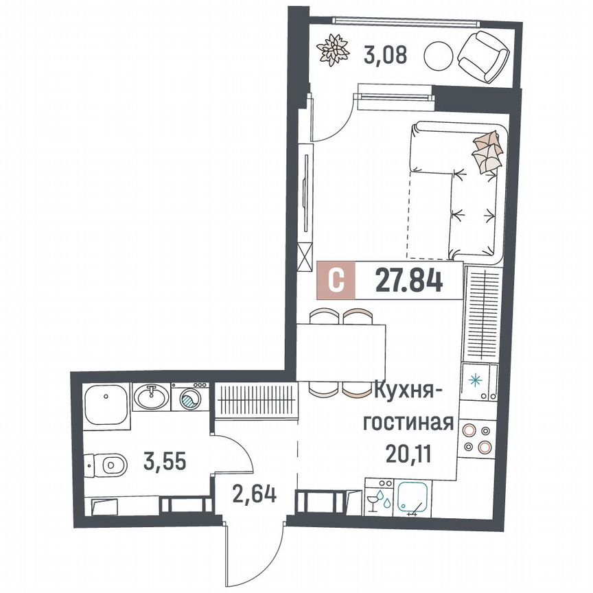 Квартира-студия, 27,8 м², 13/18 эт.