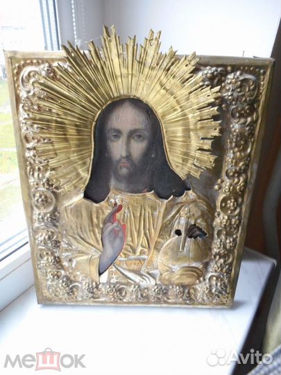 Икона Спас Вседержитель рукописная в окладе 19 в