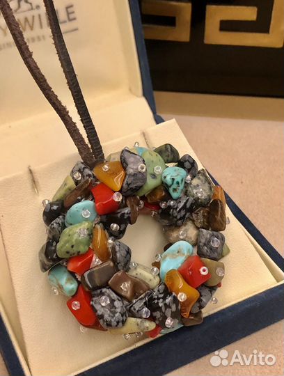 Крупный кулон бирюза коралл моховый агат змеевик