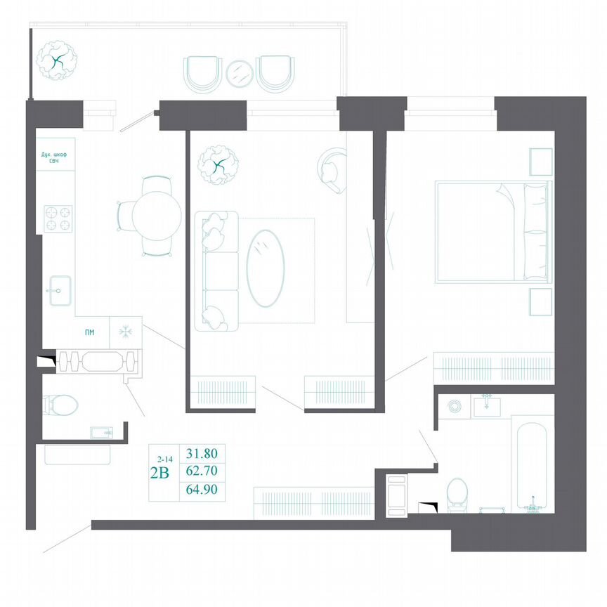 2-к. квартира, 64,9 м², 4/19 эт.