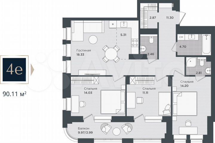 4-к. квартира, 90,1 м², 16/24 эт.