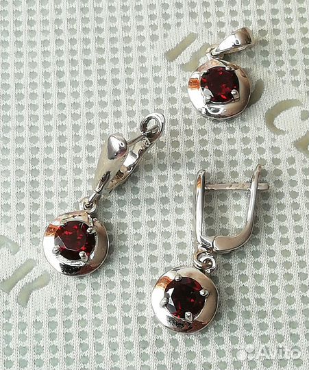 Серьги, кулон серебро гранат С372