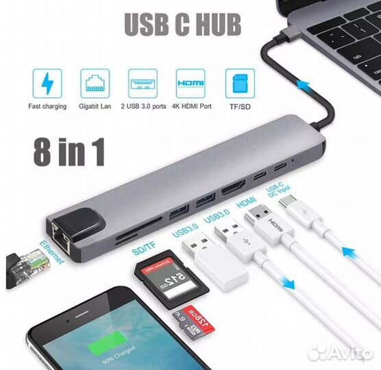 Usb type-c hub 8 в 1 хаб для MacBook и Windows
