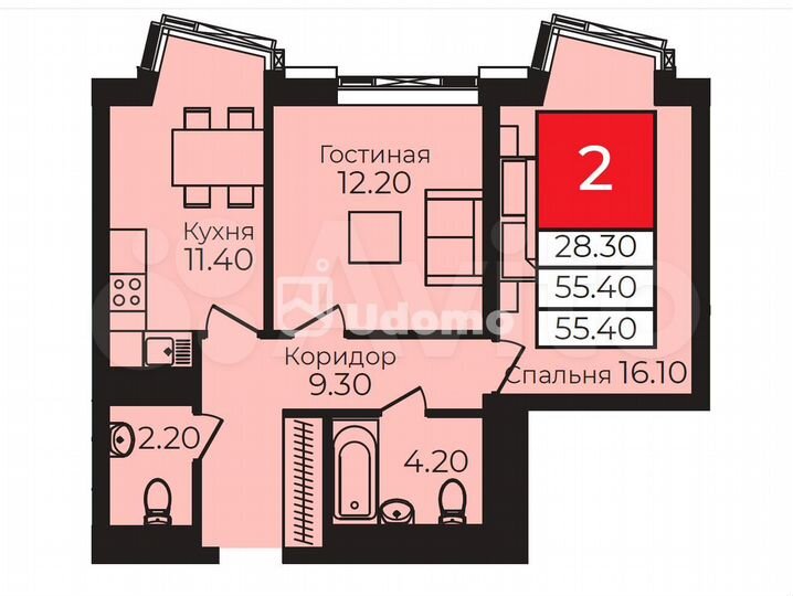 2-к. квартира, 55,4 м², 28/33 эт.