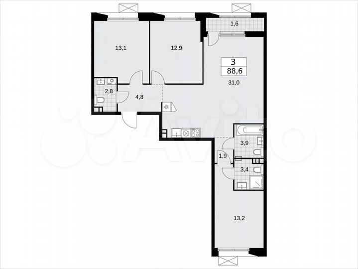 3-к. квартира, 88,6 м², 3/9 эт.