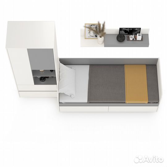 Детская мебель Торонто № 20, цвет белый шагрень/стальной серый, шхгхв 274х84,4х195,7 см., спальное м