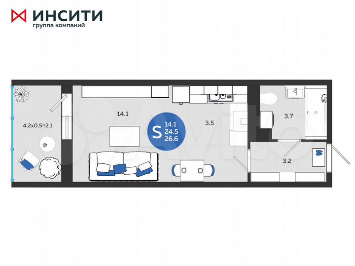 Квартира-студия, 26,6 м², 20/24 эт.
