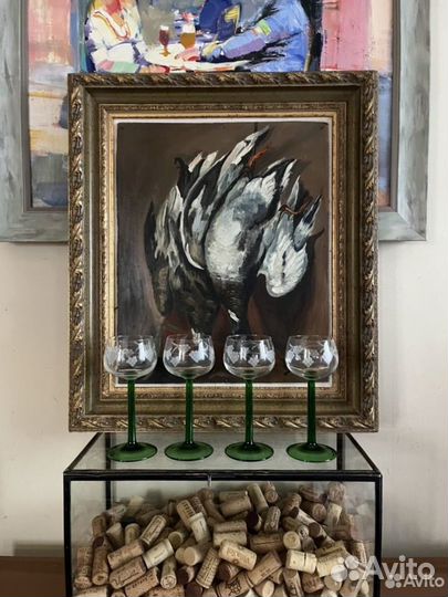 Картина живопись Охота дичь, фужер цветное стекло