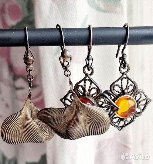 Серебряные серьги 916, 925 янтарь