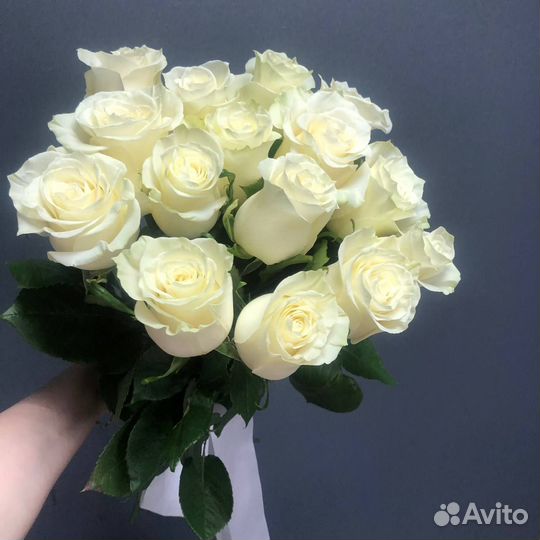 Доставка 46-10-00. 15 белых роз Mondial в ленту