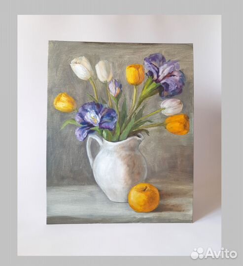 Букет цветов Ирисы и Тюльпаны Картина маслом 40\50