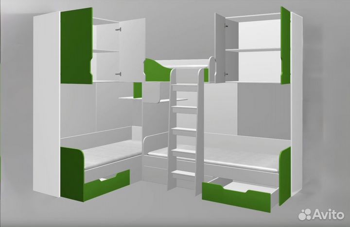 Кровать Трио с антресолями Дуб Молочный/Шамони