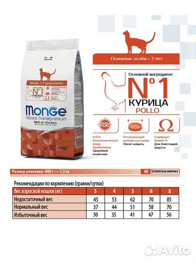Корм д/кошек пожилых Monge 1.5кг,курица