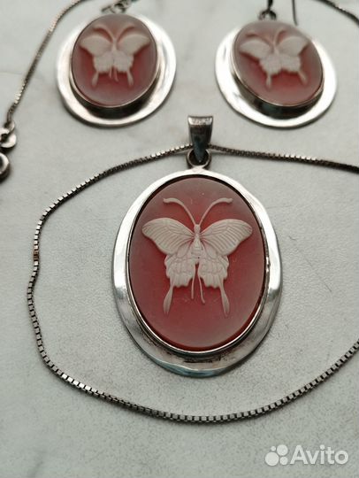 Старинная подвеска и серьги камея бабочки серебро