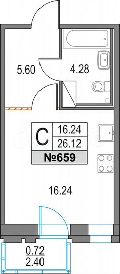 Квартира-студия, 26,1 м², 12/25 эт.