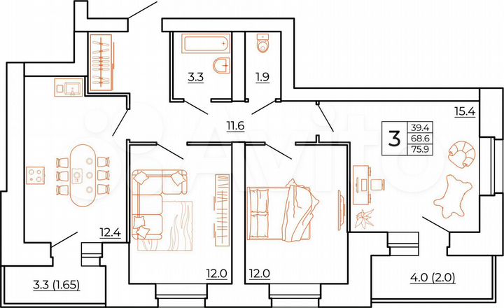 3-к. квартира, 75,9 м², 10/12 эт.