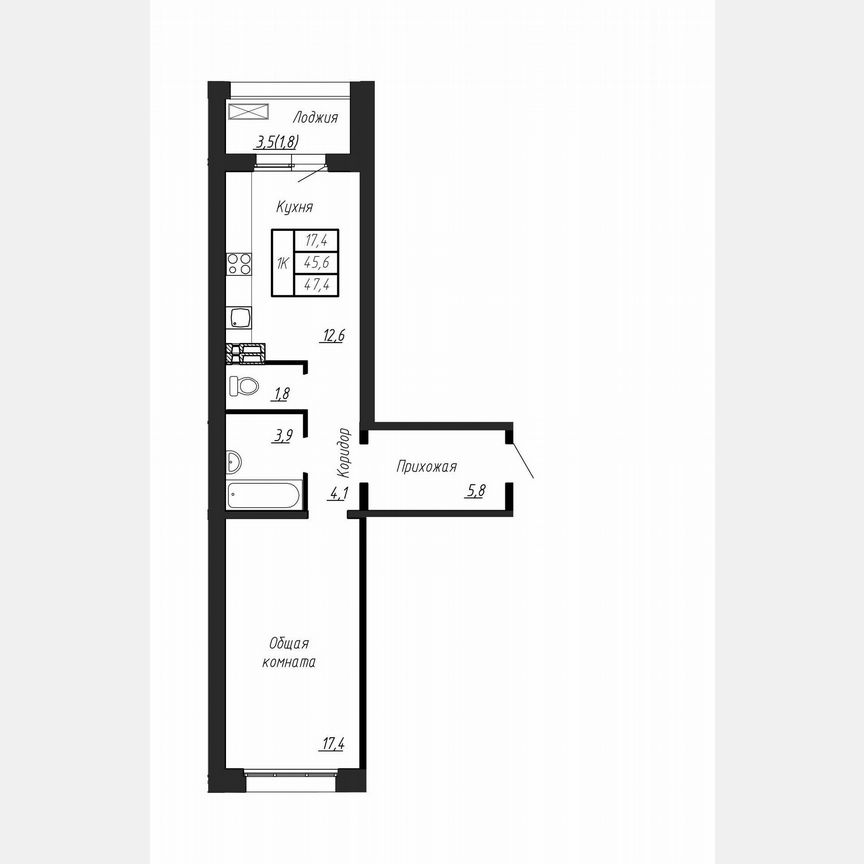 1-к. квартира, 47,4 м², 1/17 эт.