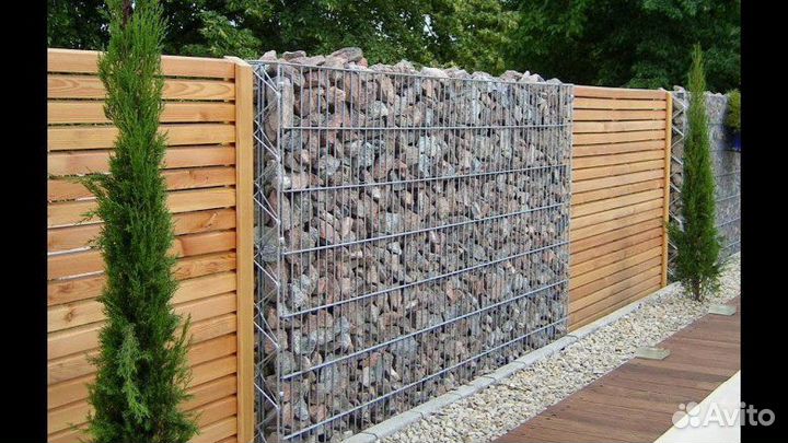 Забор из габиона, вазон, отделка, подпорные стены