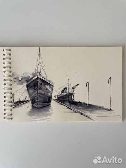 Картина Титаник Олимпик акварель чернила