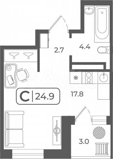 Квартира-студия, 27,6 м², 19/22 эт.